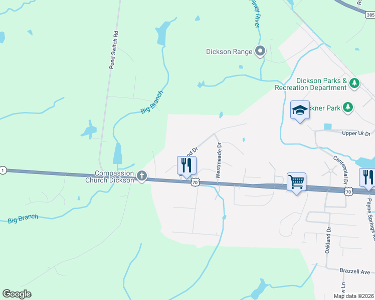map of restaurants, bars, coffee shops, grocery stores, and more near 205 Valleywood Dr in Dickson