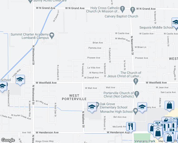 map of restaurants, bars, coffee shops, grocery stores, and more near 1966 West Nancy Avenue in Porterville