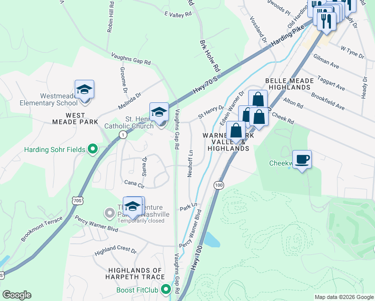 map of restaurants, bars, coffee shops, grocery stores, and more near 923 Neuhoff Lane in Nashville