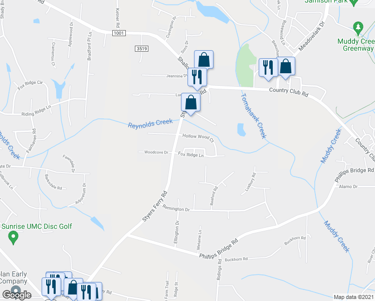 map of restaurants, bars, coffee shops, grocery stores, and more near 5922 Fox Ridge Lane in Winston-Salem