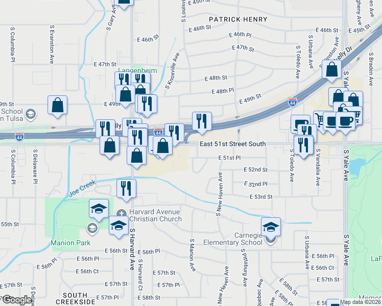 map of restaurants, bars, coffee shops, grocery stores, and more near 5140 South Marion Avenue in Tulsa