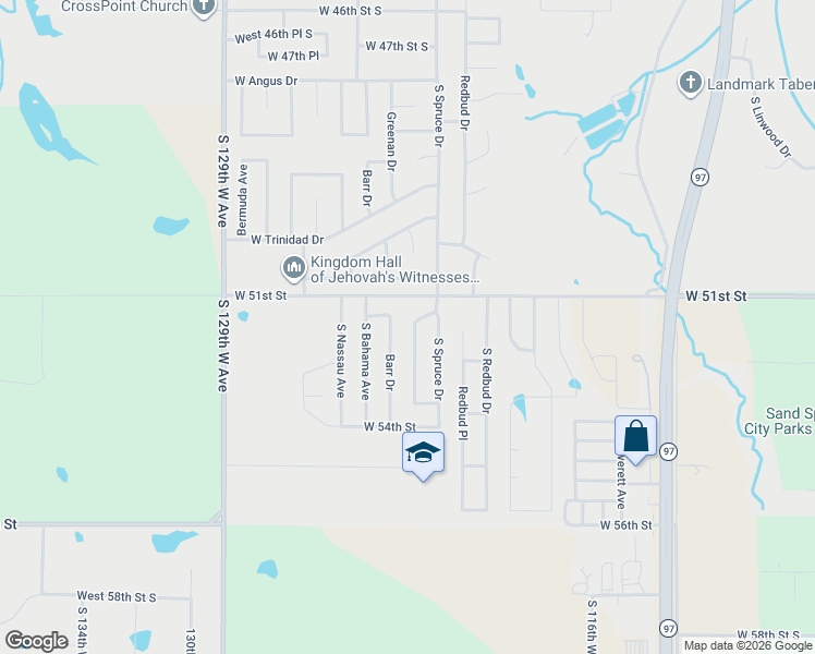 map of restaurants, bars, coffee shops, grocery stores, and more near 5201 South Greenan Drive West in Sand Springs