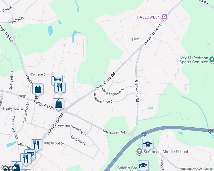map of restaurants, bars, coffee shops, grocery stores, and more near 215 Lee Smith Lane in Kernersville
