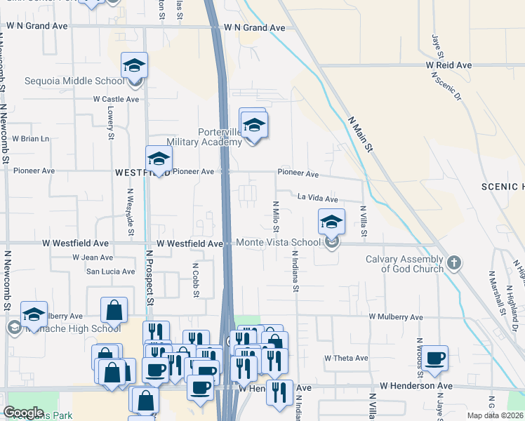 map of restaurants, bars, coffee shops, grocery stores, and more near 870 Clinton Lane in Porterville