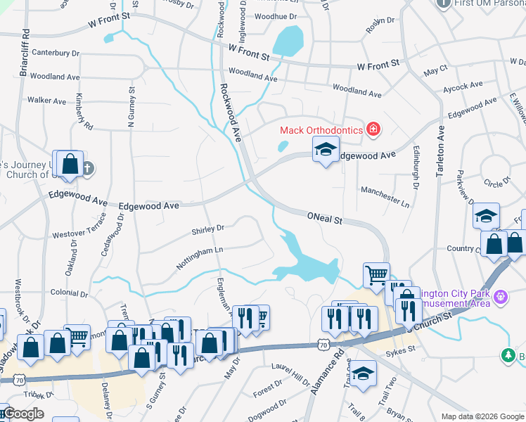 map of restaurants, bars, coffee shops, grocery stores, and more near 1933 Shirley Drive in Burlington