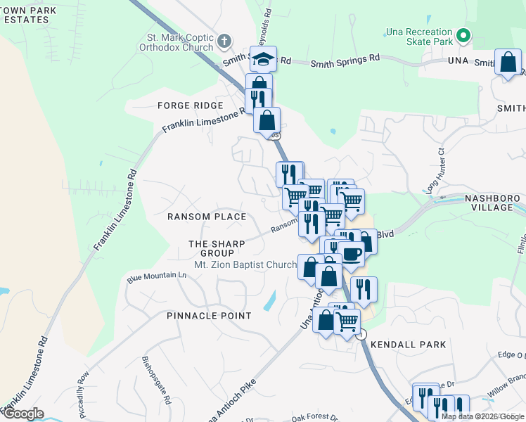 map of restaurants, bars, coffee shops, grocery stores, and more near 1860 Olive Circle in Nashville