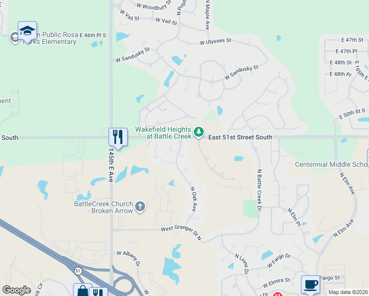 map of restaurants, bars, coffee shops, grocery stores, and more near 1609 West Montpelier Street in Broken Arrow