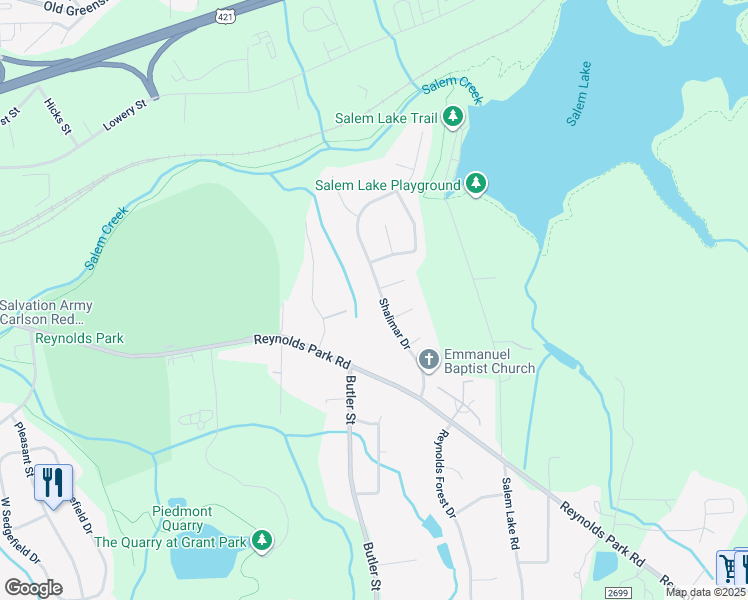 map of restaurants, bars, coffee shops, grocery stores, and more near 1036 Shalimar Drive in Winston-Salem