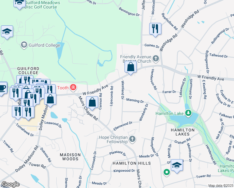 map of restaurants, bars, coffee shops, grocery stores, and more near 5109 West Friendly Avenue in Greensboro