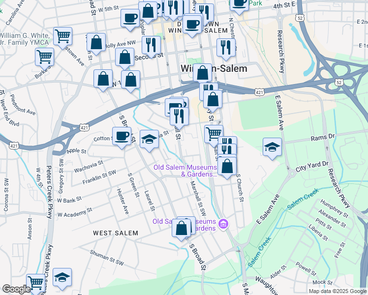 map of restaurants, bars, coffee shops, grocery stores, and more near 204 Tanners Mill Court in Winston-Salem