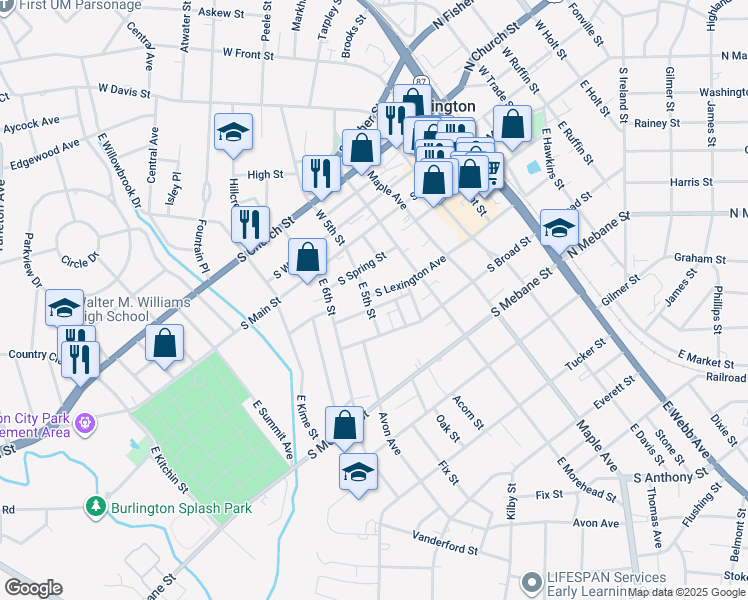 map of restaurants, bars, coffee shops, grocery stores, and more near 317 West 5th Street in Burlington
