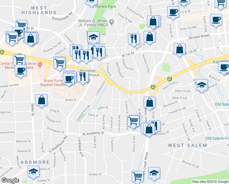 map of restaurants, bars, coffee shops, grocery stores, and more near 233 South Sunset Drive in Winston-Salem