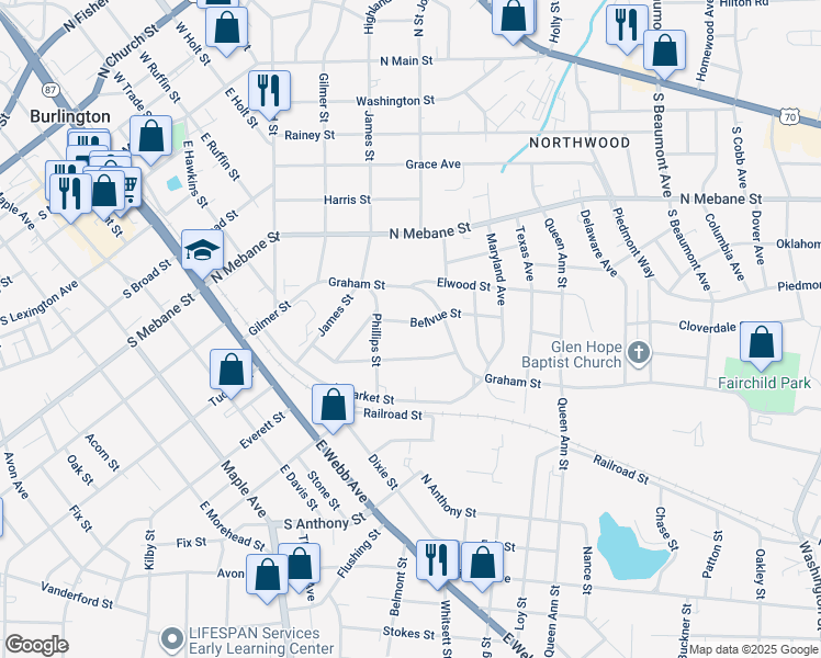 map of restaurants, bars, coffee shops, grocery stores, and more near 919 Bellvue Street in Burlington