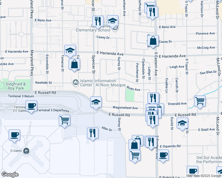 map of restaurants, bars, coffee shops, grocery stores, and more near 5551 Corral Circle in Las Vegas