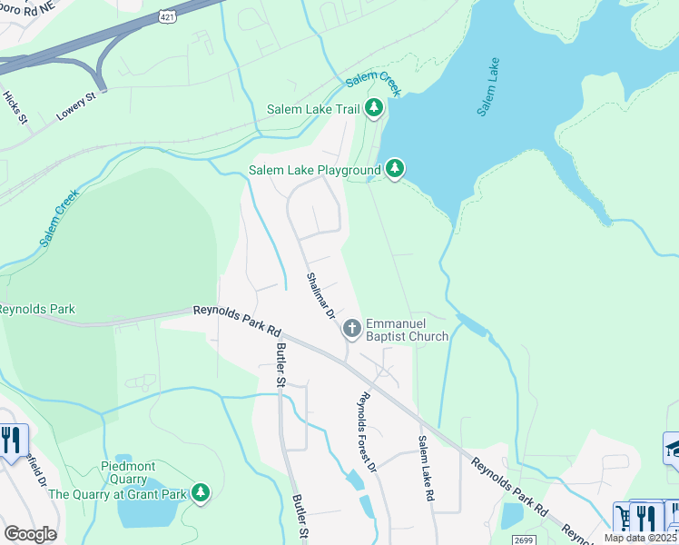 map of restaurants, bars, coffee shops, grocery stores, and more near 1031 Treadway Court in Winston-Salem