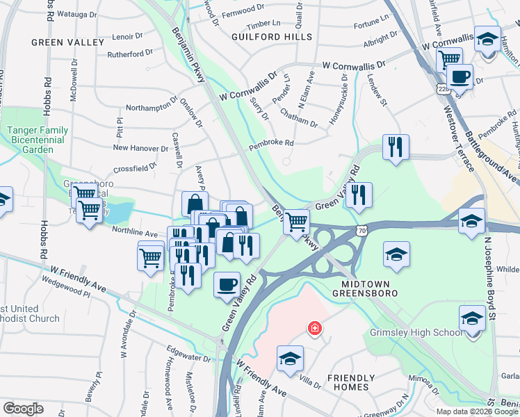 map of restaurants, bars, coffee shops, grocery stores, and more near 901 Benjamin Parkway in Greensboro