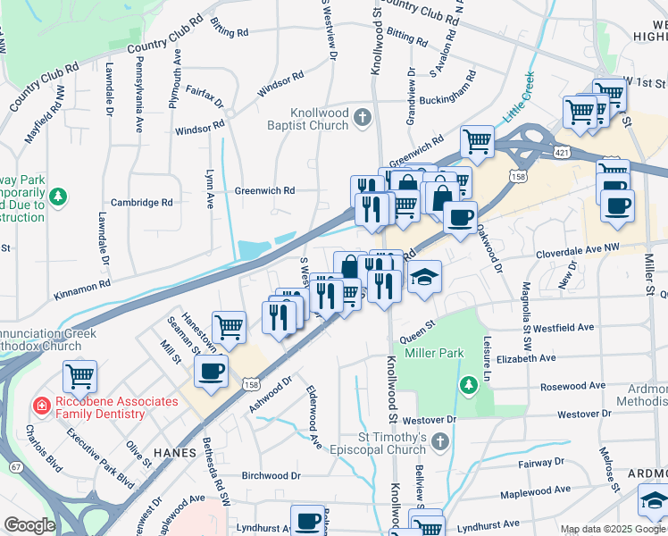 map of restaurants, bars, coffee shops, grocery stores, and more near 2614 Gould Street in Winston-Salem