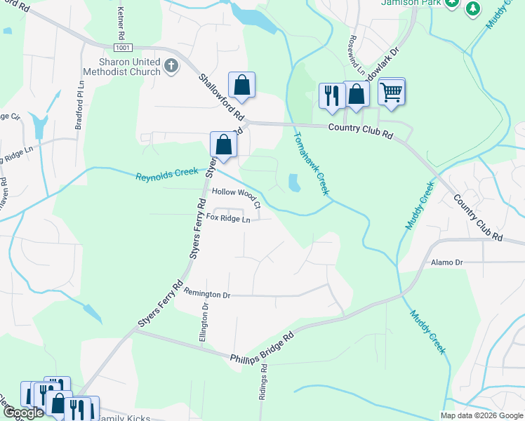 map of restaurants, bars, coffee shops, grocery stores, and more near 5930 Hollow Wood Court in Winston-Salem