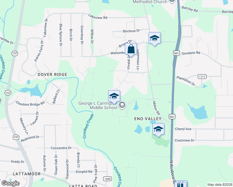map of restaurants, bars, coffee shops, grocery stores, and more near 412 Vivaldi Drive in Durham