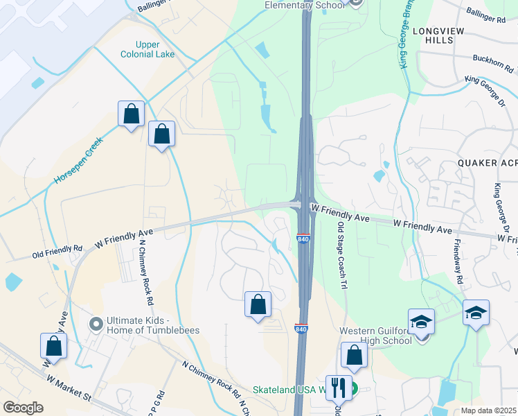 map of restaurants, bars, coffee shops, grocery stores, and more near 7043 West Friendly Avenue in Greensboro
