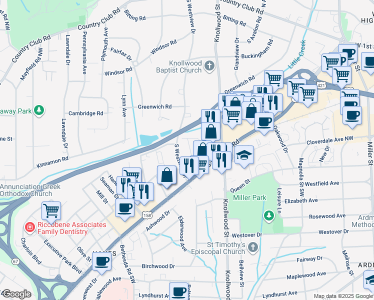 map of restaurants, bars, coffee shops, grocery stores, and more near 520 Walter Court in Winston-Salem