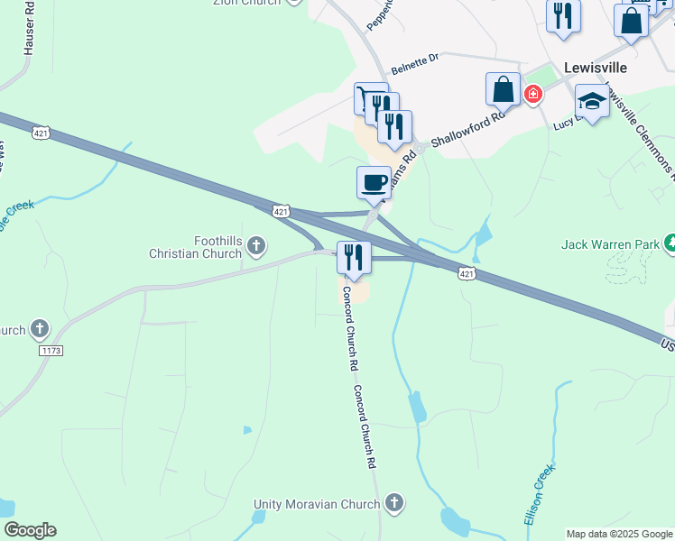 map of restaurants, bars, coffee shops, grocery stores, and more near 7961 Concord Church Road in Lewisville