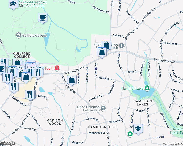 map of restaurants, bars, coffee shops, grocery stores, and more near 5109 West Friendly Avenue in Greensboro