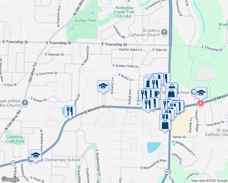 map of restaurants, bars, coffee shops, grocery stores, and more near 2113 North Kantz Lane in Fayetteville