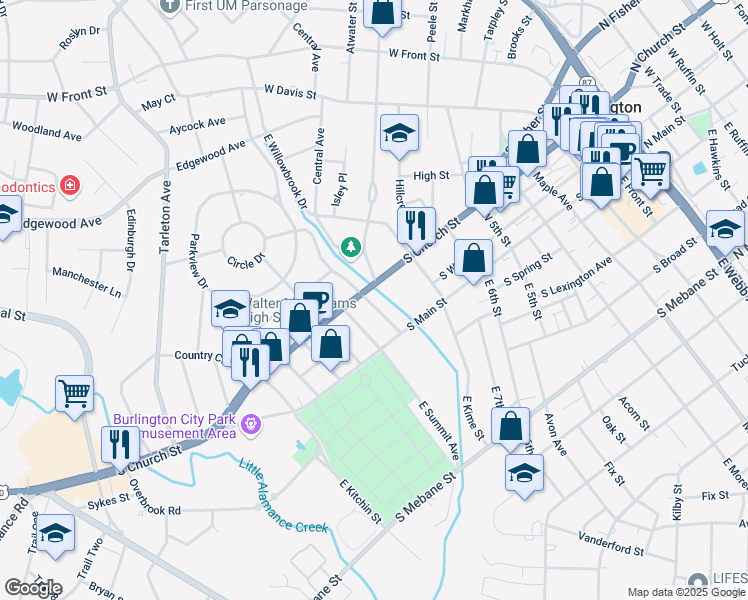 map of restaurants, bars, coffee shops, grocery stores, and more near 315 W Willowbrook Dr in Burlington