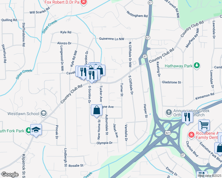 map of restaurants, bars, coffee shops, grocery stores, and more near 3814 Country Club Road in Winston-Salem