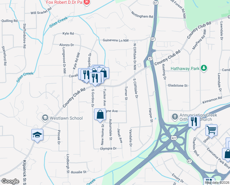 map of restaurants, bars, coffee shops, grocery stores, and more near 3814 Country Club Road in Winston-Salem