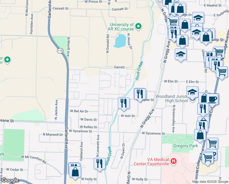 map of restaurants, bars, coffee shops, grocery stores, and more near 722 West Van Gogh Place in Fayetteville