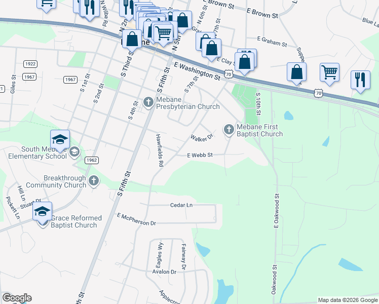 map of restaurants, bars, coffee shops, grocery stores, and more near 411 East Webb Street in Mebane