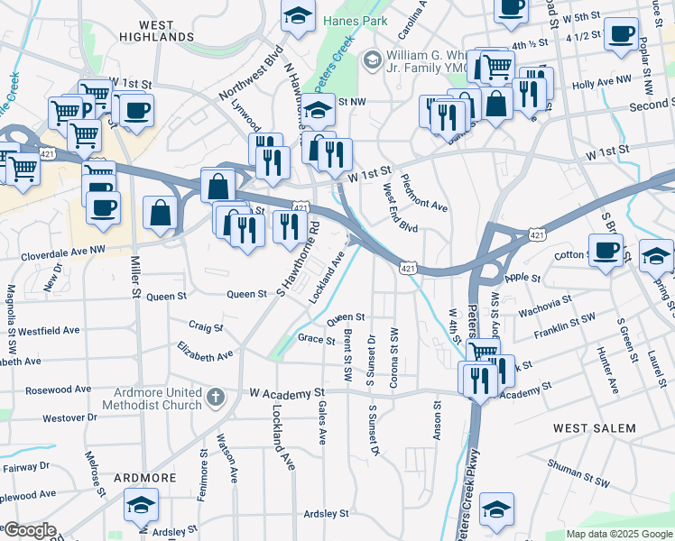 map of restaurants, bars, coffee shops, grocery stores, and more near 245 Lockland Avenue in Winston-Salem