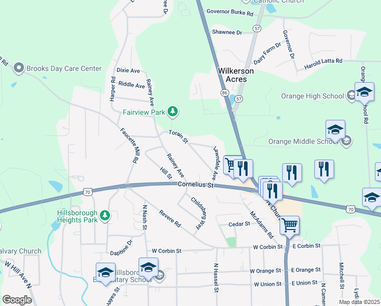 map of restaurants, bars, coffee shops, grocery stores, and more near 179 Lawndale Avenue in Hillsborough