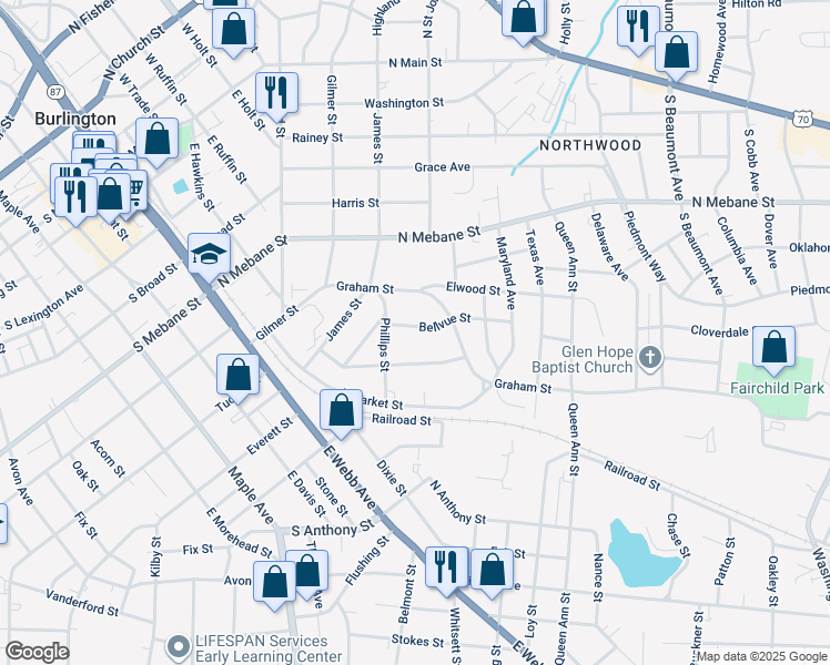 map of restaurants, bars, coffee shops, grocery stores, and more near 917 Bellvue Street in Burlington