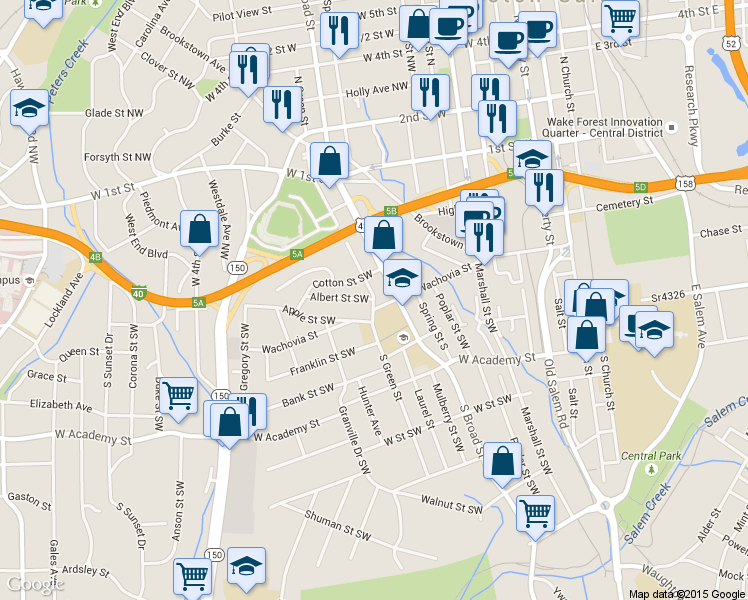 map of restaurants, bars, coffee shops, grocery stores, and more near 323 South Green Street in Winston Salem
