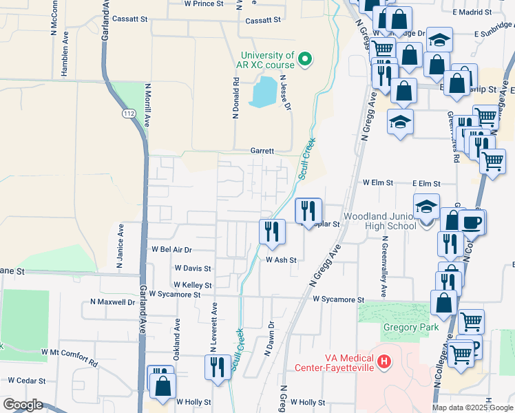 map of restaurants, bars, coffee shops, grocery stores, and more near 2043 North Chestnut Avenue in Fayetteville