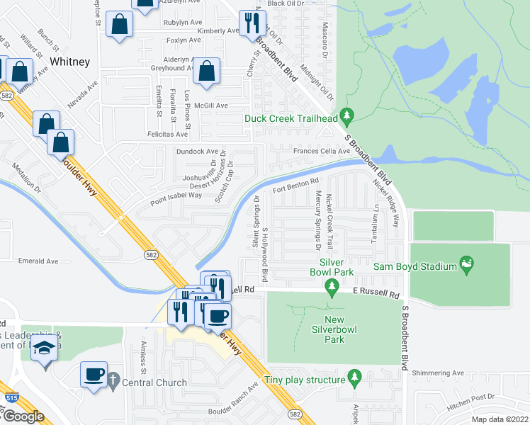 map of restaurants, bars, coffee shops, grocery stores, and more near South Hollywood Boulevard in Las Vegas