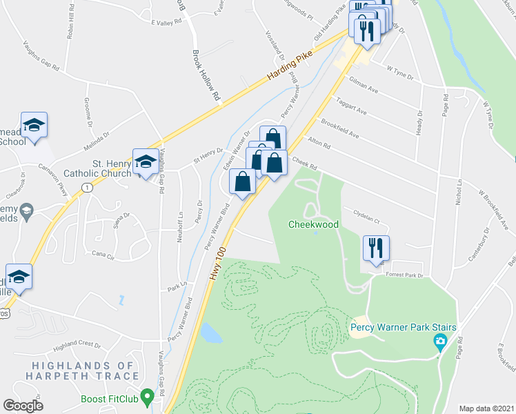 map of restaurants, bars, coffee shops, grocery stores, and more near 6615 Highway 100 in Nashville