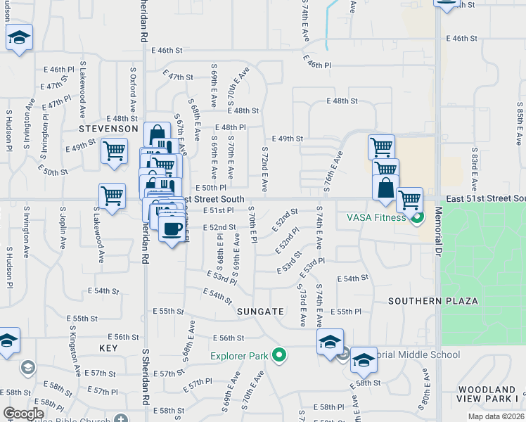 map of restaurants, bars, coffee shops, grocery stores, and more near 7025 East 51st Court in Tulsa