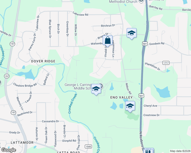 map of restaurants, bars, coffee shops, grocery stores, and more near 412 Vivaldi Drive in Durham