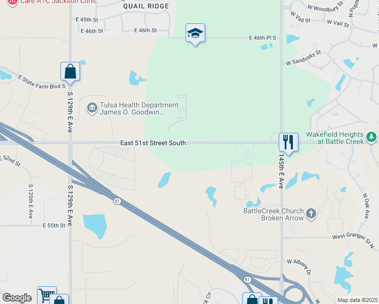 map of restaurants, bars, coffee shops, grocery stores, and more near 13701-13775 East 51st Street South in Tulsa