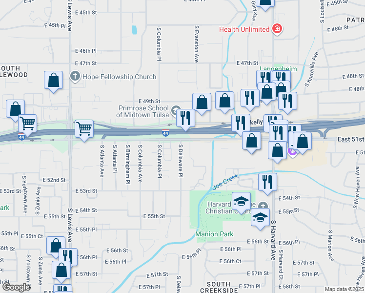 map of restaurants, bars, coffee shops, grocery stores, and more near 2843 East 51st Street in Tulsa