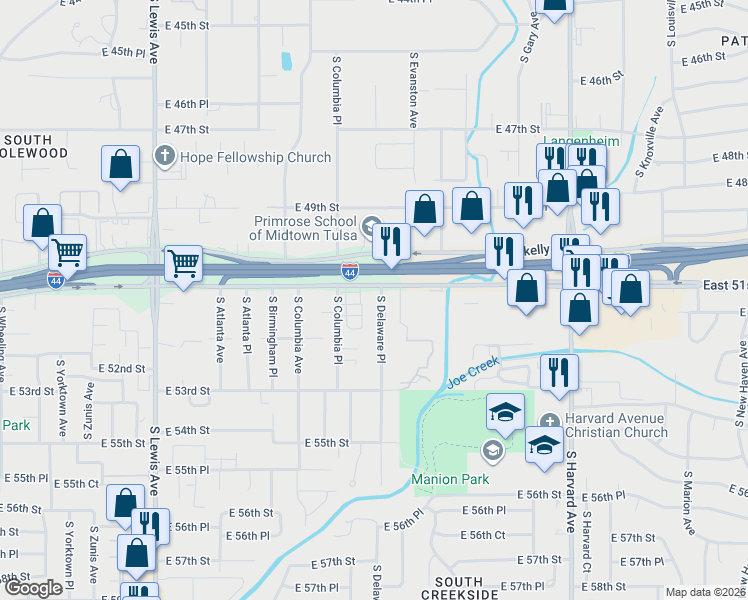 map of restaurants, bars, coffee shops, grocery stores, and more near 2807 East 51st Street in Tulsa
