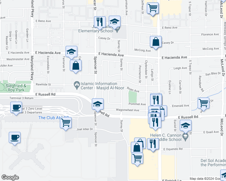map of restaurants, bars, coffee shops, grocery stores, and more near 5551 Corral Circle in Las Vegas