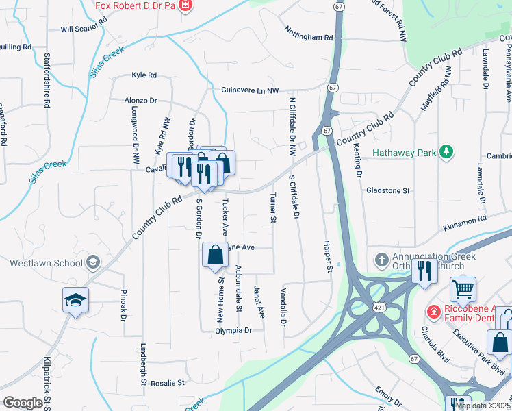 map of restaurants, bars, coffee shops, grocery stores, and more near 3812 Country Club Road in Winston-Salem