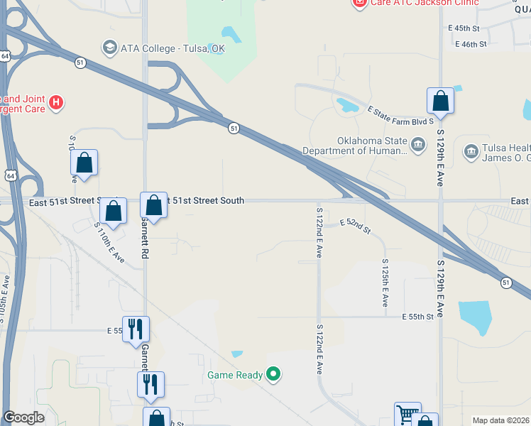 map of restaurants, bars, coffee shops, grocery stores, and more near 12148 East 51st Street South in Tulsa