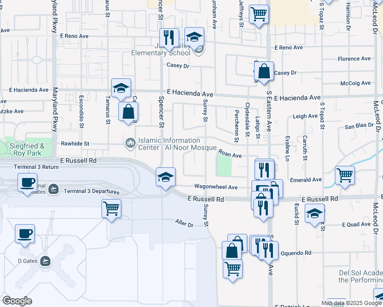 map of restaurants, bars, coffee shops, grocery stores, and more near 5551 Corral Circle in Las Vegas