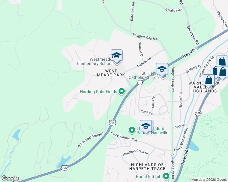 map of restaurants, bars, coffee shops, grocery stores, and more near 6616 Brookmont Terrace in Nashville